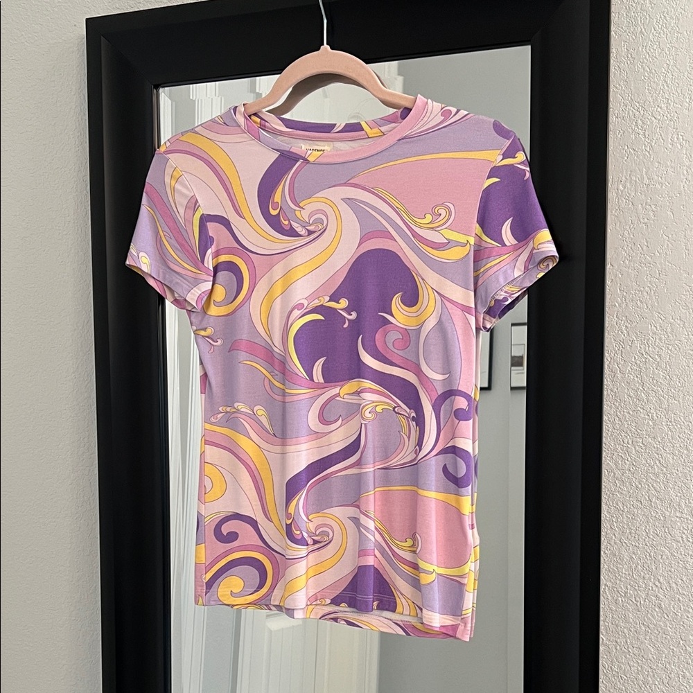 L'AGENCE Purple and Yellow Swirl Short Sleeve Top